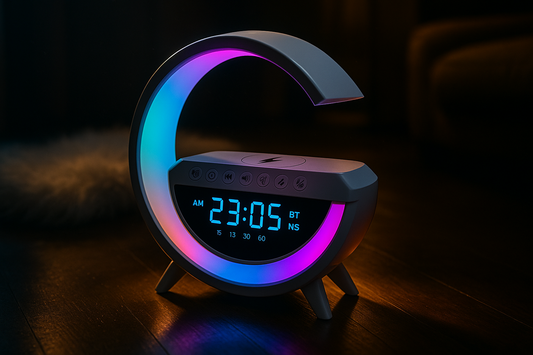Altavoz Bluetooth G - Cargador inalámbrico + Lámpara LED + Reloj despertador